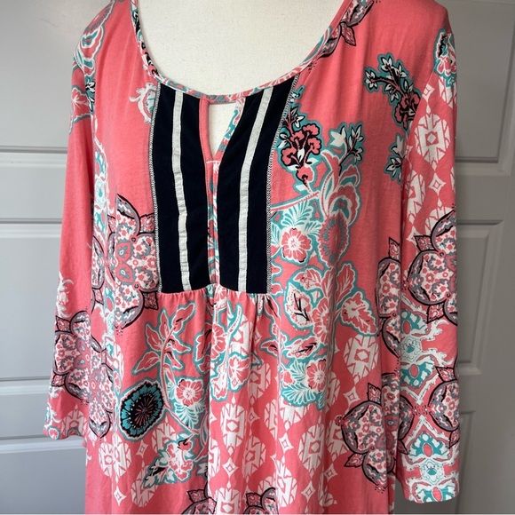 Ellen Tracy Floral Print Tunic Dress Keyhole Neckline 3/4 Sleeve Casual XL - Picture 2 of 8